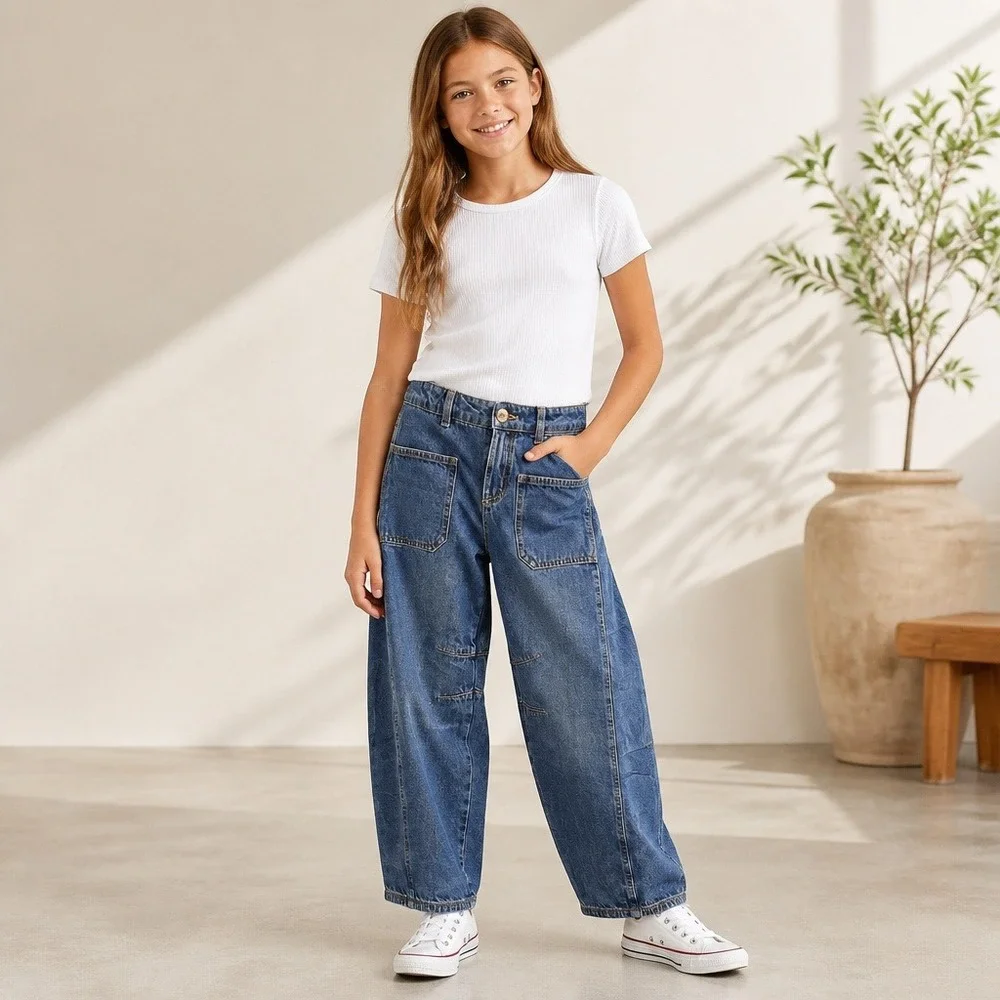Justice Girls Size 10 Wide Leg Patch Pocket Jeans Dark Wash Denim Blue